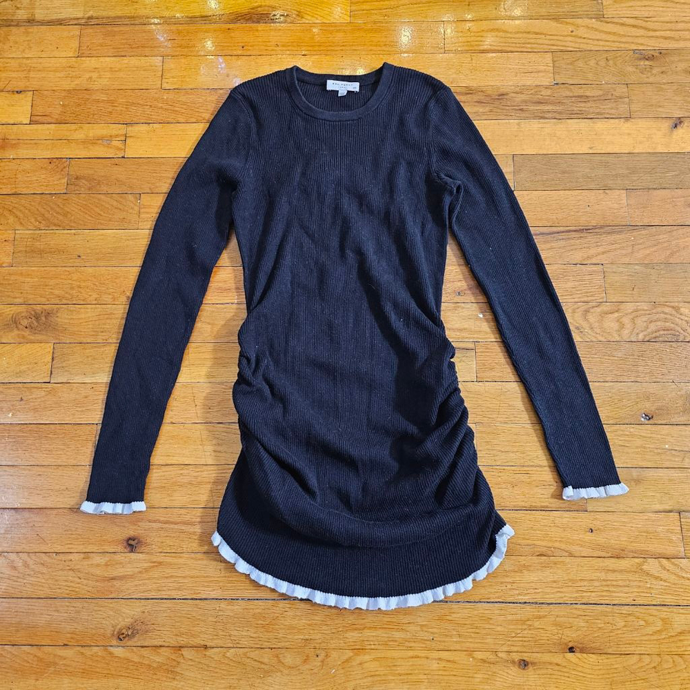 Equipment Femme Black Ribbed Long Sleeve Dress White Trim Medium